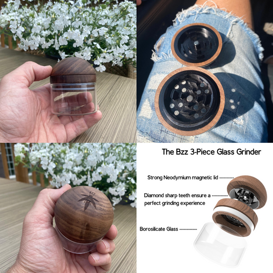 Three piece grinder, made of walnut, steel, and glass.