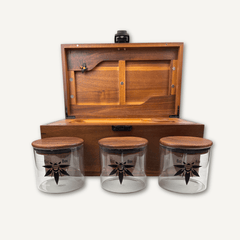 XL Dark Wood Bzz Box (Treasure Chest) with three airtight glass stash jars - Bzz Box