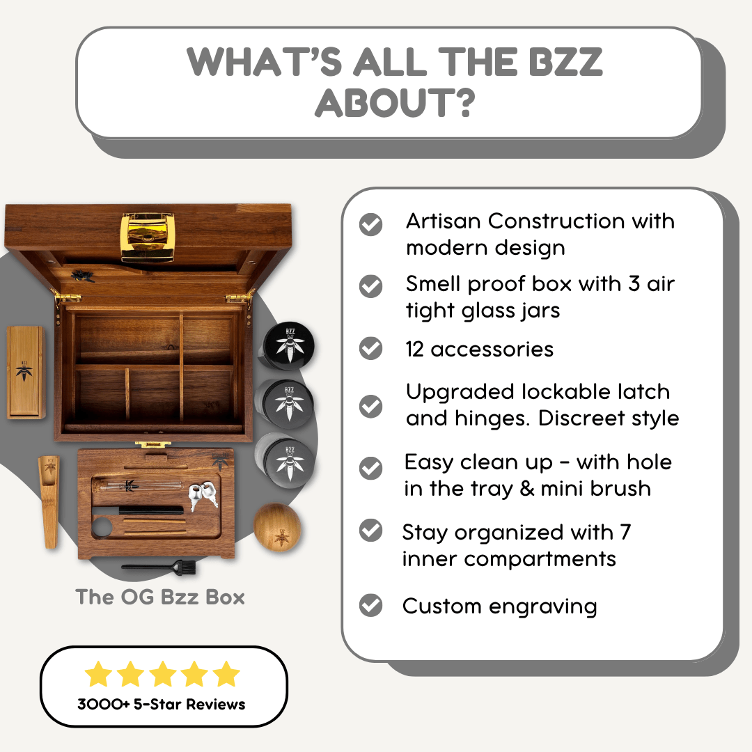OG Dark Wood BzzBox Bundle - Artisan Construction, Lockable, Smell-Proof, Discreet Stash Box, 12 Accessories - Bzz Box