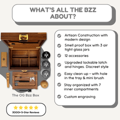 OG Dark Wood BzzBox Bundle - Artisan Construction, Lockable, Smell-Proof, Discreet Stash Box, 12 Accessories - Bzz Box