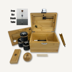 Father's Day Bzz Box Bundle - Large Bamboo Lockable Smell-Proof Stash Box for Herbs - Airtight Jars, Built-in Rolling Tray, twelve accessories