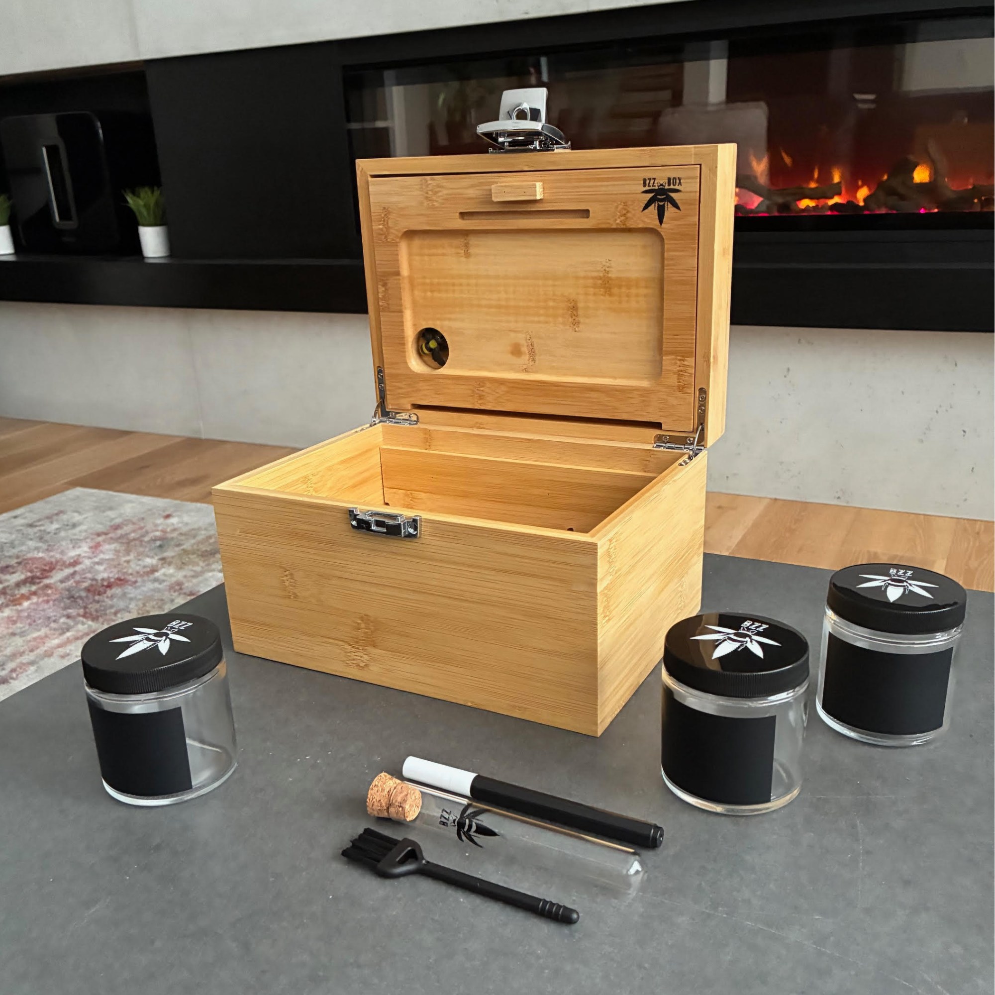 Large Bzz Box complete with stash jars, bamboo tray, chalk marker, and plenty of room for storage