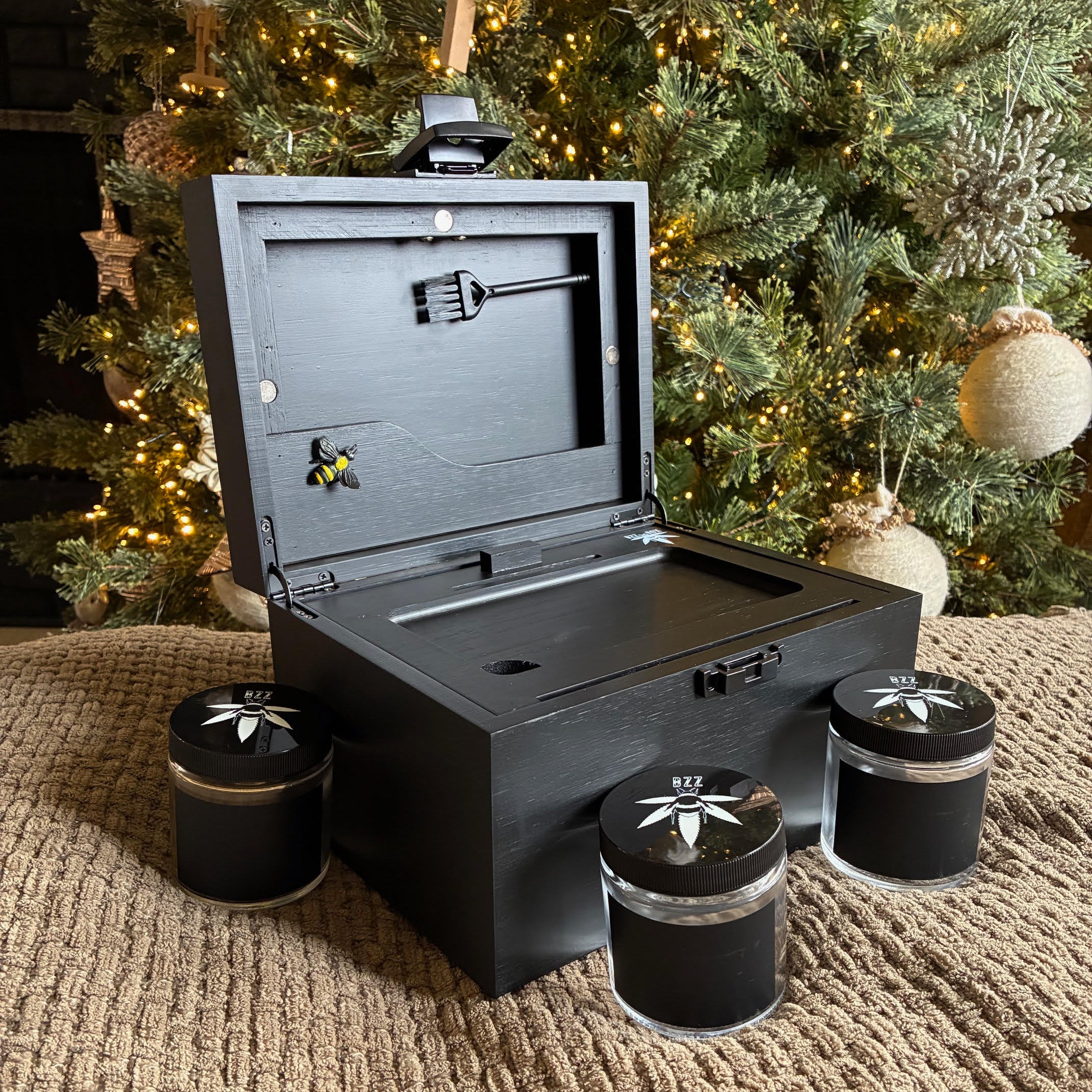 Large Black Stash Box - The OG Bzz Box - smell proof - airtight stash jars - lockbox - wood tray, stash tube, 3 stash jars, mini brush, 2 pokers, lockable latch, organizer, boxes and bins, tobacciana