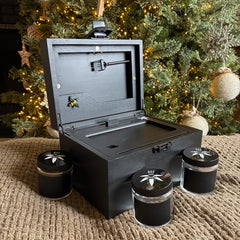 Large Black Stash Box - The OG Bzz Box - smell proof - airtight stash jars - lockbox - wood tray, stash tube, 3 stash jars, mini brush, 2 pokers, lockable latch, organizer, boxes and bins, tobacciana