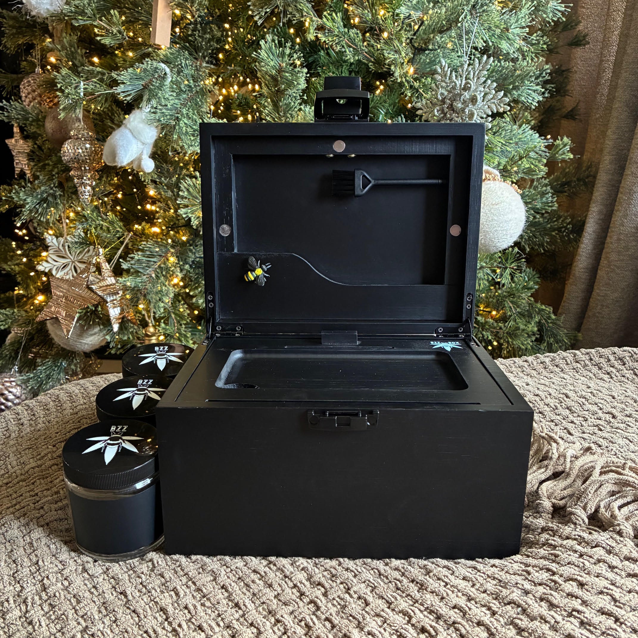 Large Black Stash Box - The OG Bzz Box - smell proof - airtight stash jars - lockbox - wood tray, stash tube, 3 stash jars, mini brush, 2 pokers, lockable latch, organizer, boxes and bins, tobacciana