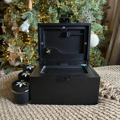 Large Black Stash Box - The OG Bzz Box - smell proof - airtight stash jars - lockbox - wood tray, stash tube, 3 stash jars, mini brush, 2 pokers, lockable latch, organizer, boxes and bins, tobacciana