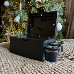Large Black Stash Box - The OG Bzz Box - smell proof - airtight stash jars - lockbox - wood tray, stash tube, 3 stash jars, mini brush, 2 pokers, lockable latch, organizer, boxes and bins, tobacciana