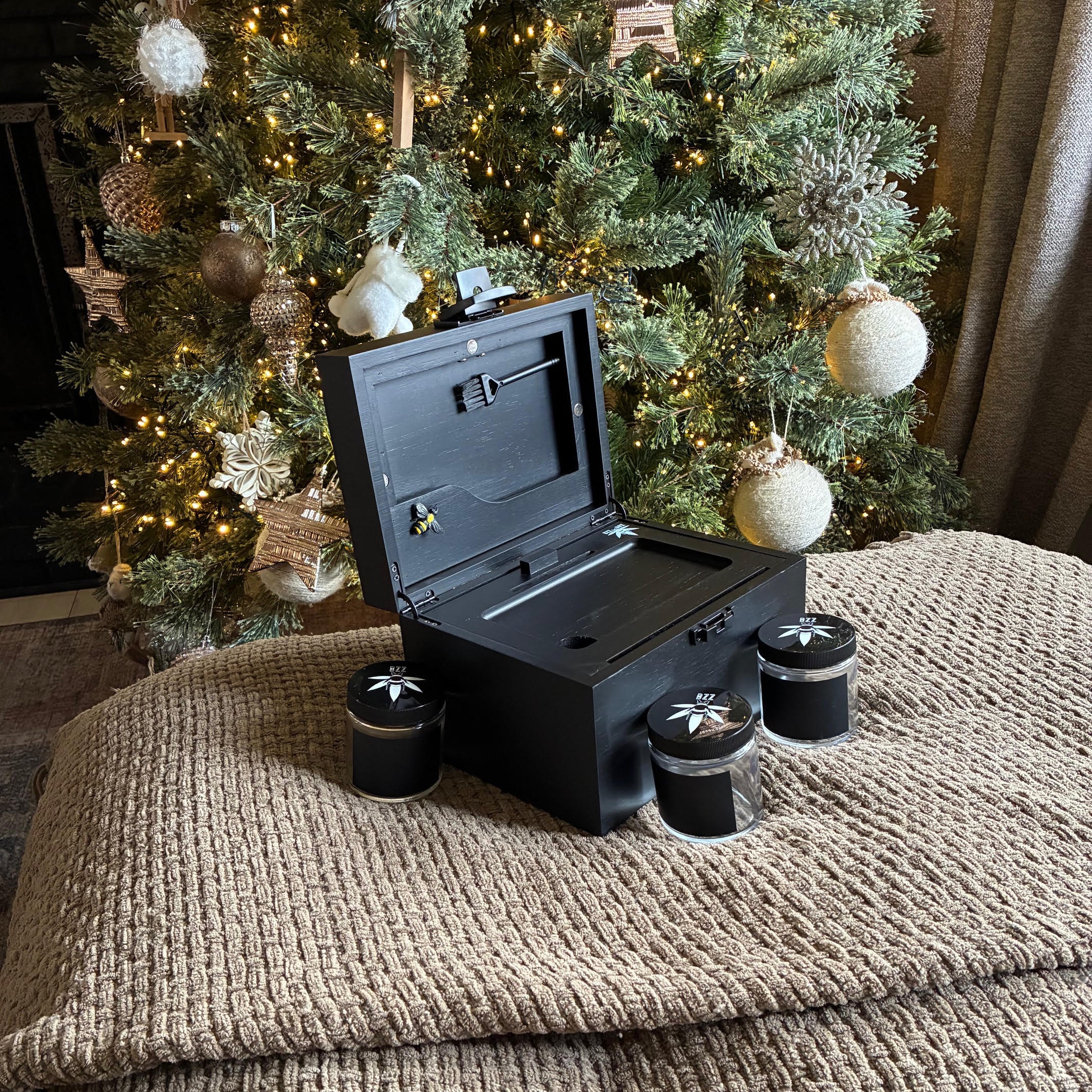 Large Black Stash Box - The OG Bzz Box - smell proof - airtight stash jars - lockbox - wood tray, stash tube, 3 stash jars, mini brush, 2 pokers, lockable latch, organizer, boxes and bins, tobacciana