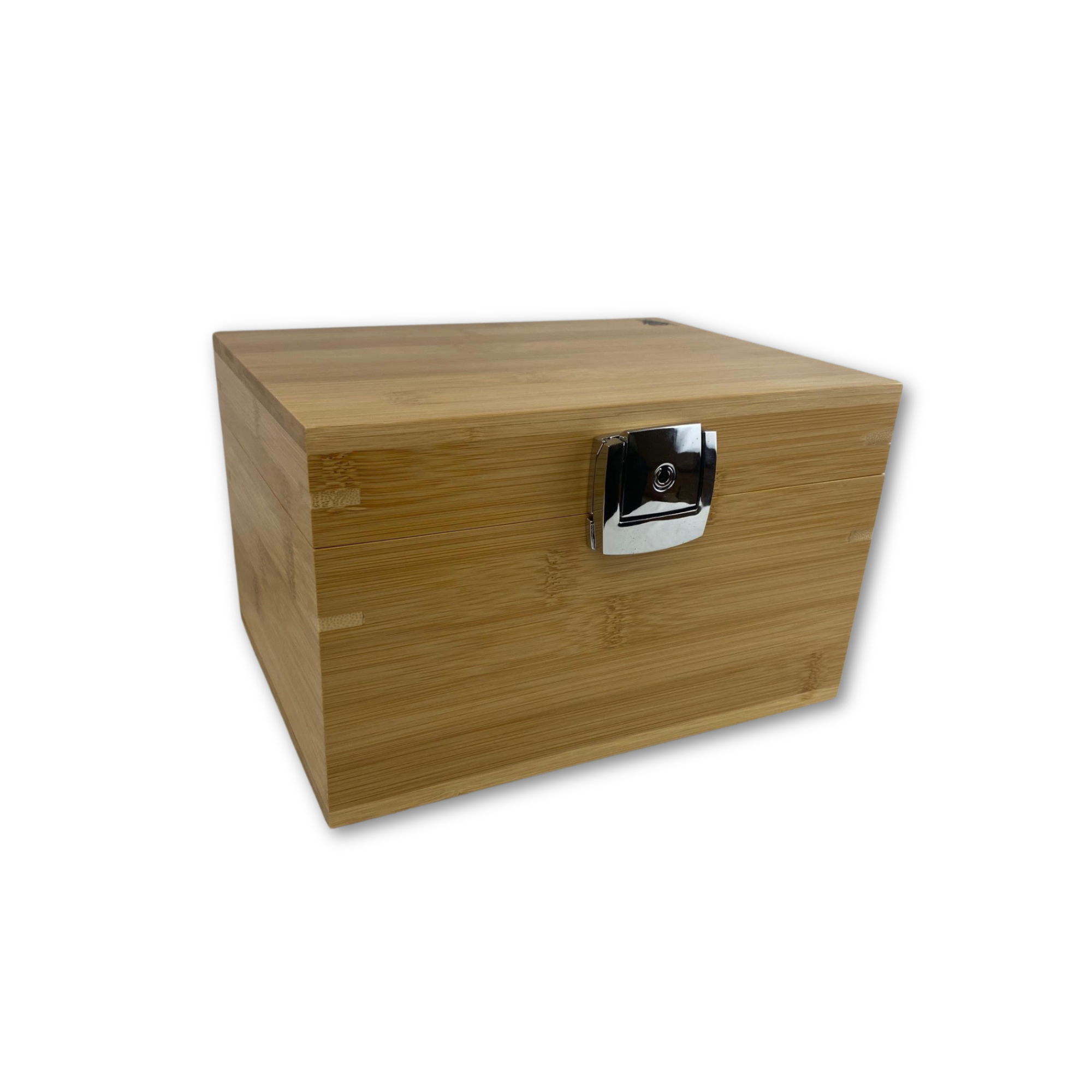 A large bamboo storage box with a lid, three glass airtight sealable jars with chalkboard labels, a chalkboard marker, a black mini brush, a glass stash tube, and two bamboo pokers, not displayed but closed. Smell proof and lockable.