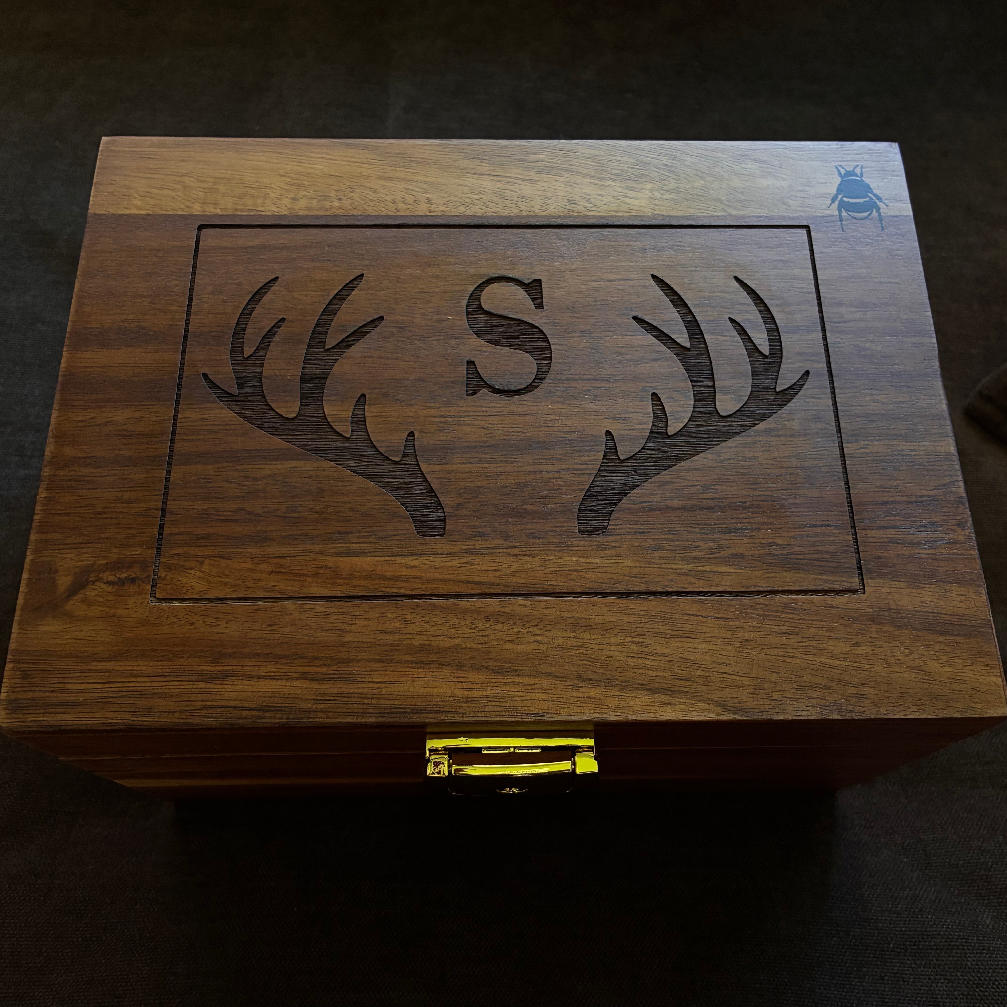 Dark Wood Bzz Box custom laser engraved smell proof lockable stash box