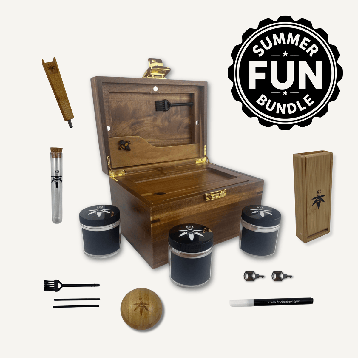 Bzz Box Bundle - Lockable Smell-Proof Stash Box, Twelve Accessories