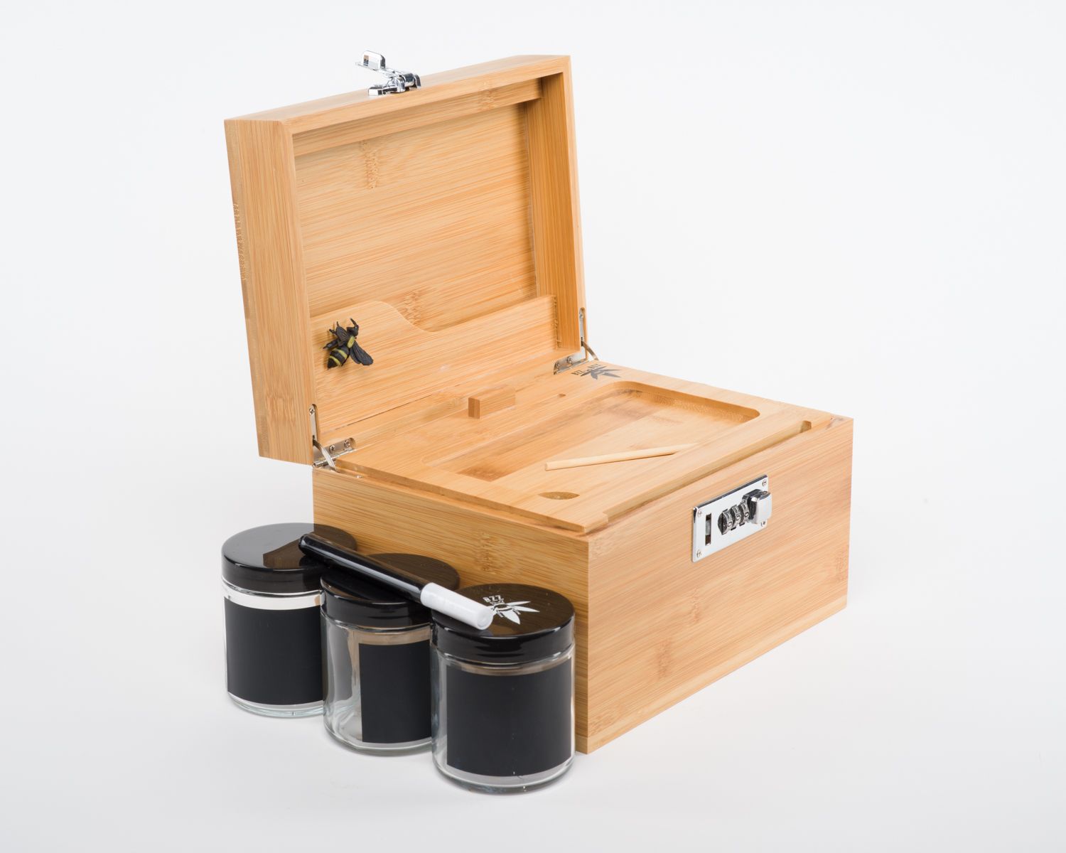 A large Bzz Box stash box with jars. Our stash jars have a chalkboard label on them and a chalk marker comes with our stash box for ease of use.