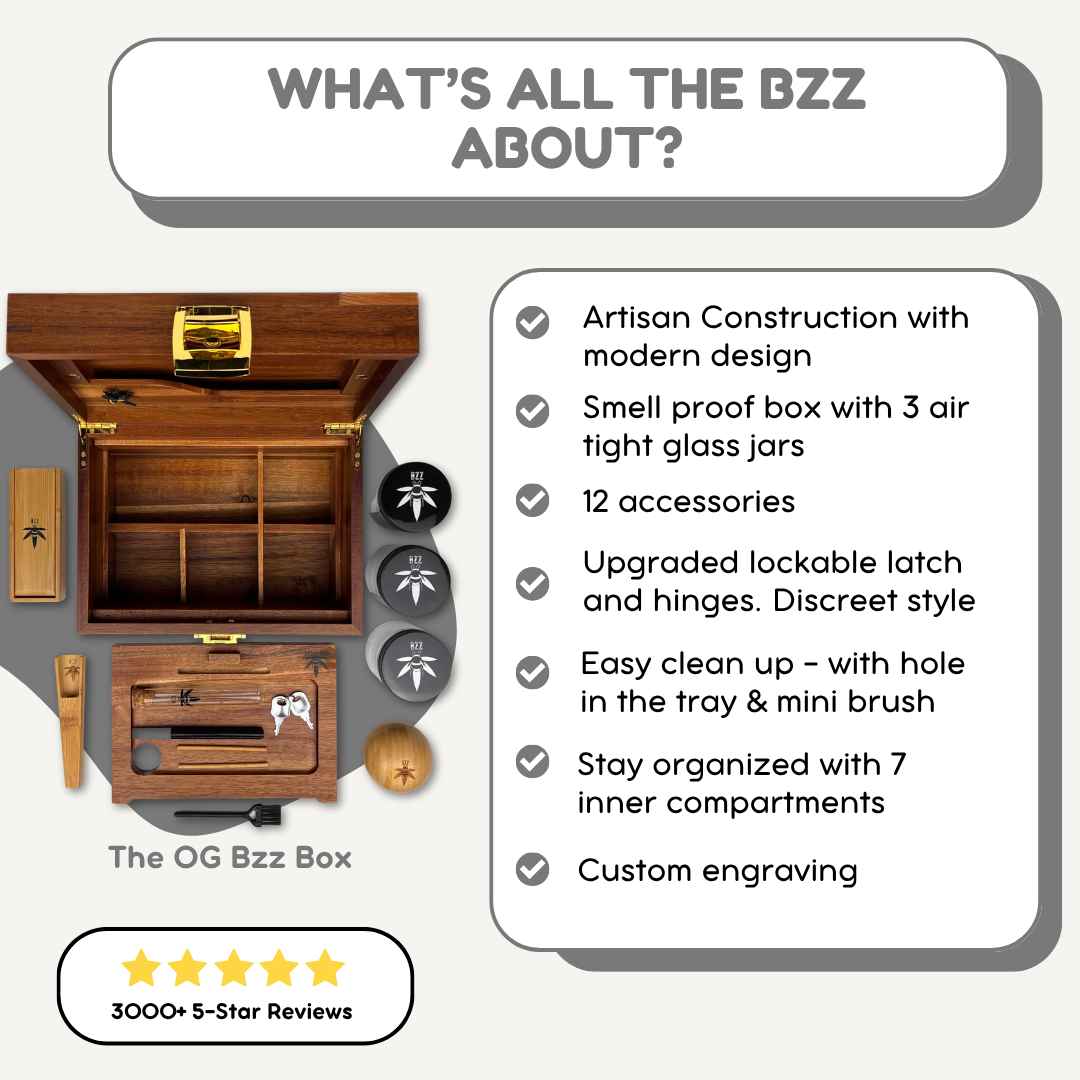 Promotional graphic for 'The OG Bzz Box' showing the open wooden box with compartments, glass jars, and accessories alongside a list of features and a five star rating badge on a white background.