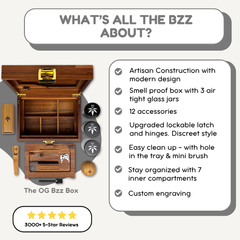 Promotional graphic for 'The OG Bzz Box' showing the open wooden box with compartments, glass jars, and accessories alongside a list of features and a five star rating badge on a white background.