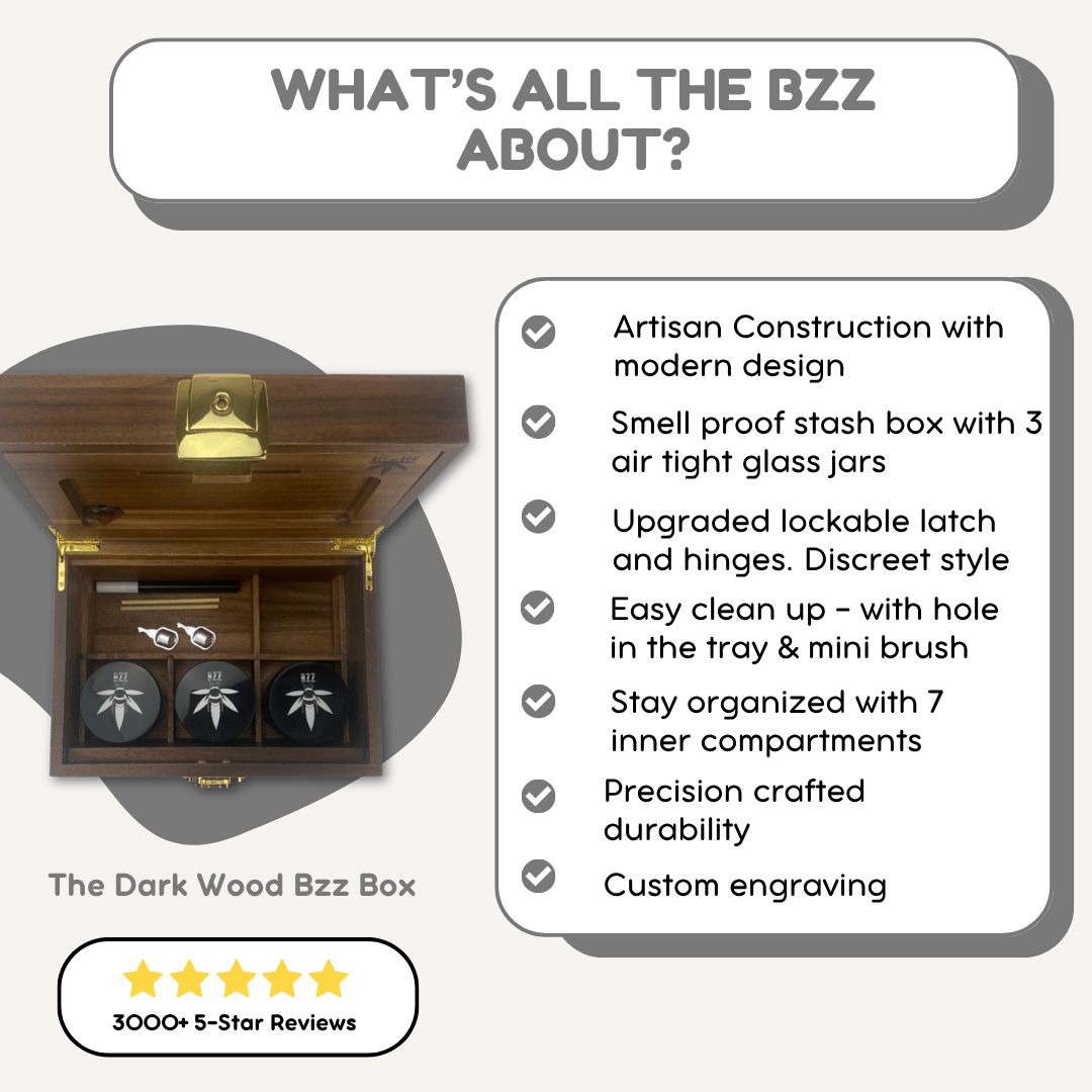 OG Dark Wood BzzBox - Dark Wood Lockable Smell-Proof Stash Box - Precision Craftsmanship, Airtight Jars, Built-in Rolling Tray - Bzz Box