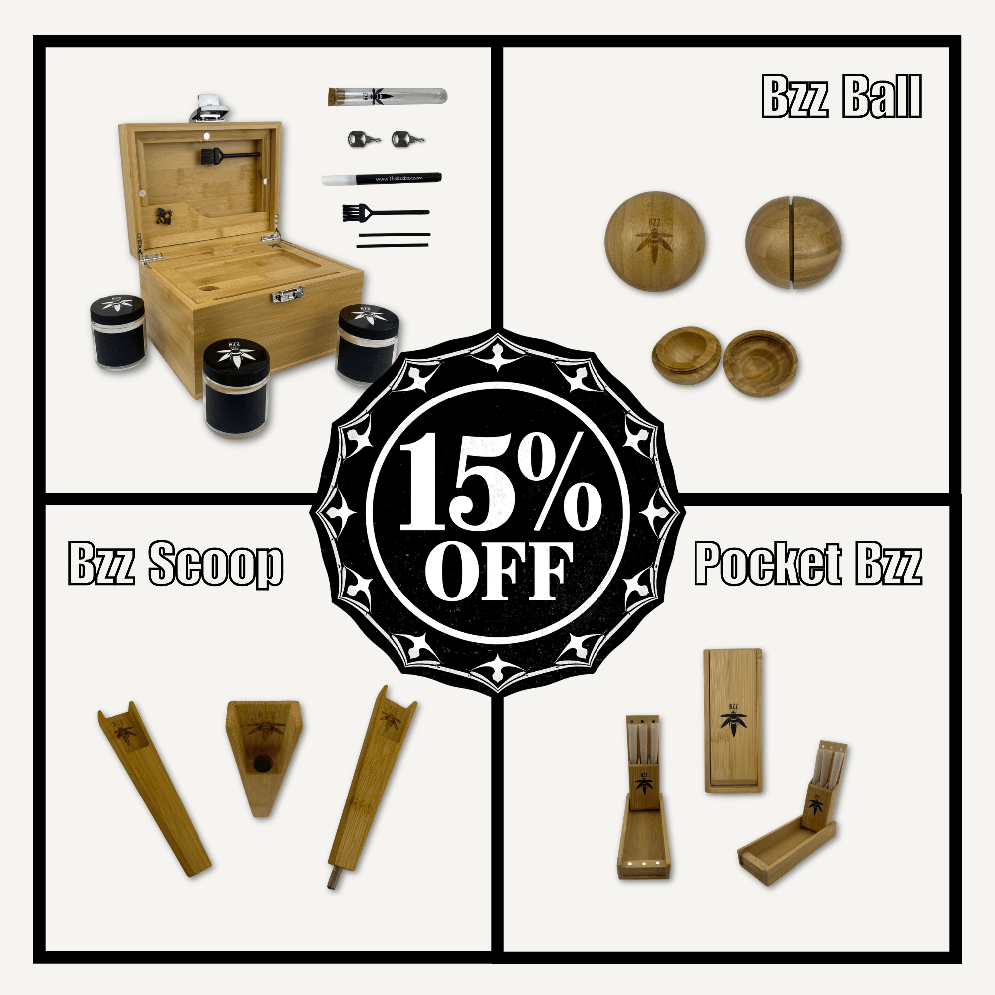 OG BzzBox + Bamboo Bundle -12 accessories -rolling tray, 3 stash jars, Bzz Ball, Bzz Scoop, Pocket Bzz - Save 15% - Bzz Box