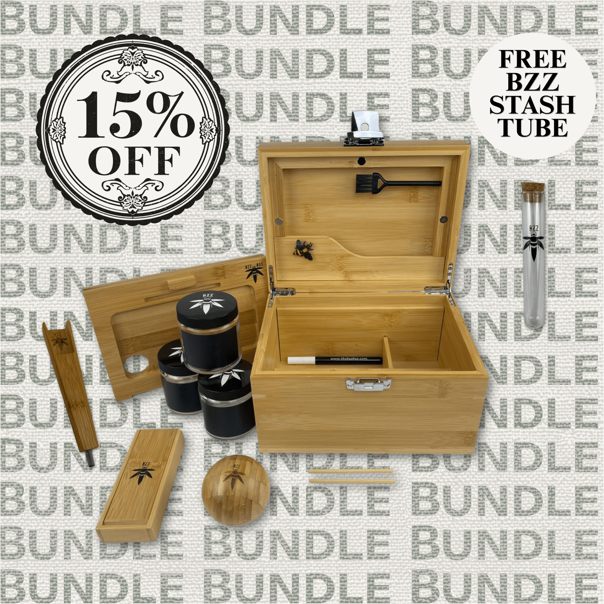 OG BzzBox + Bamboo Bundle -12 accessories -rolling tray, 3 stash jars, Bzz Ball, Bzz Scoop, Pocket Bzz - Save 15% - Bzz Box