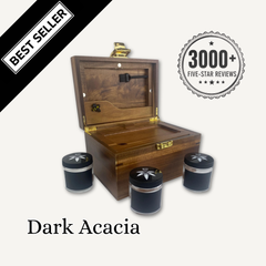 OG Dark Wood BzzBox large acacia wood lockable smell-proof stash box, closed with silver latch, shown with included glass jars