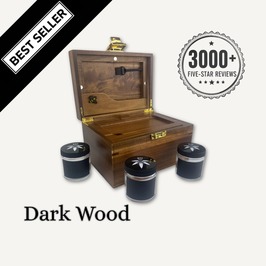 OG Dark Wood BzzBox - Dark Wood Lockable Smell-Proof Stash Box for Herbs - Airtight Jars, Built-in Rolling Tray - Bzz Box