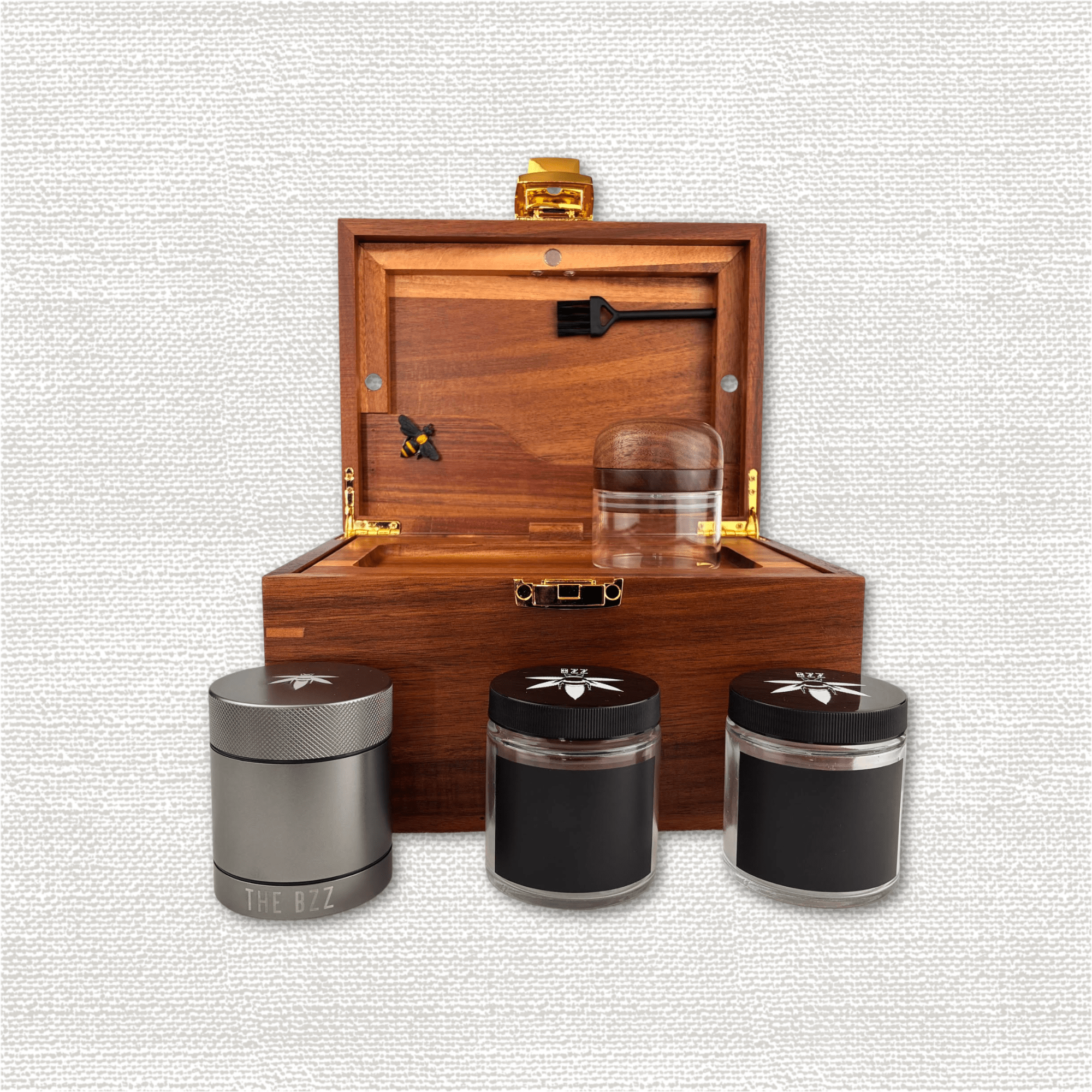 Dark Wood BzzBox + Bzz Grinder + Gun Metal Stash Jar - Save $25 - Bzz Box