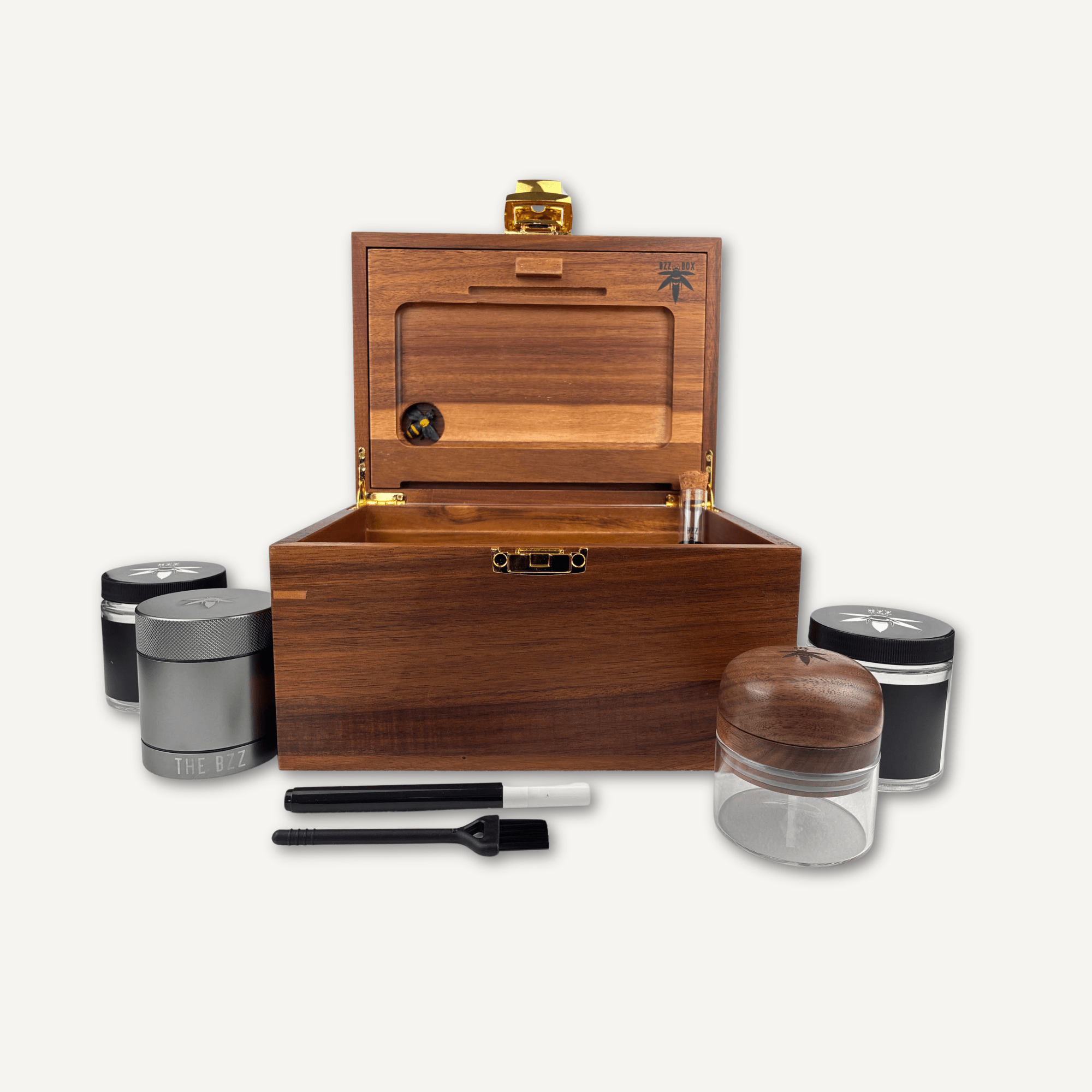 Dark Wood BzzBox + Bzz Grinder + Gun Metal Stash Jar - Save $25 - Bzz Box