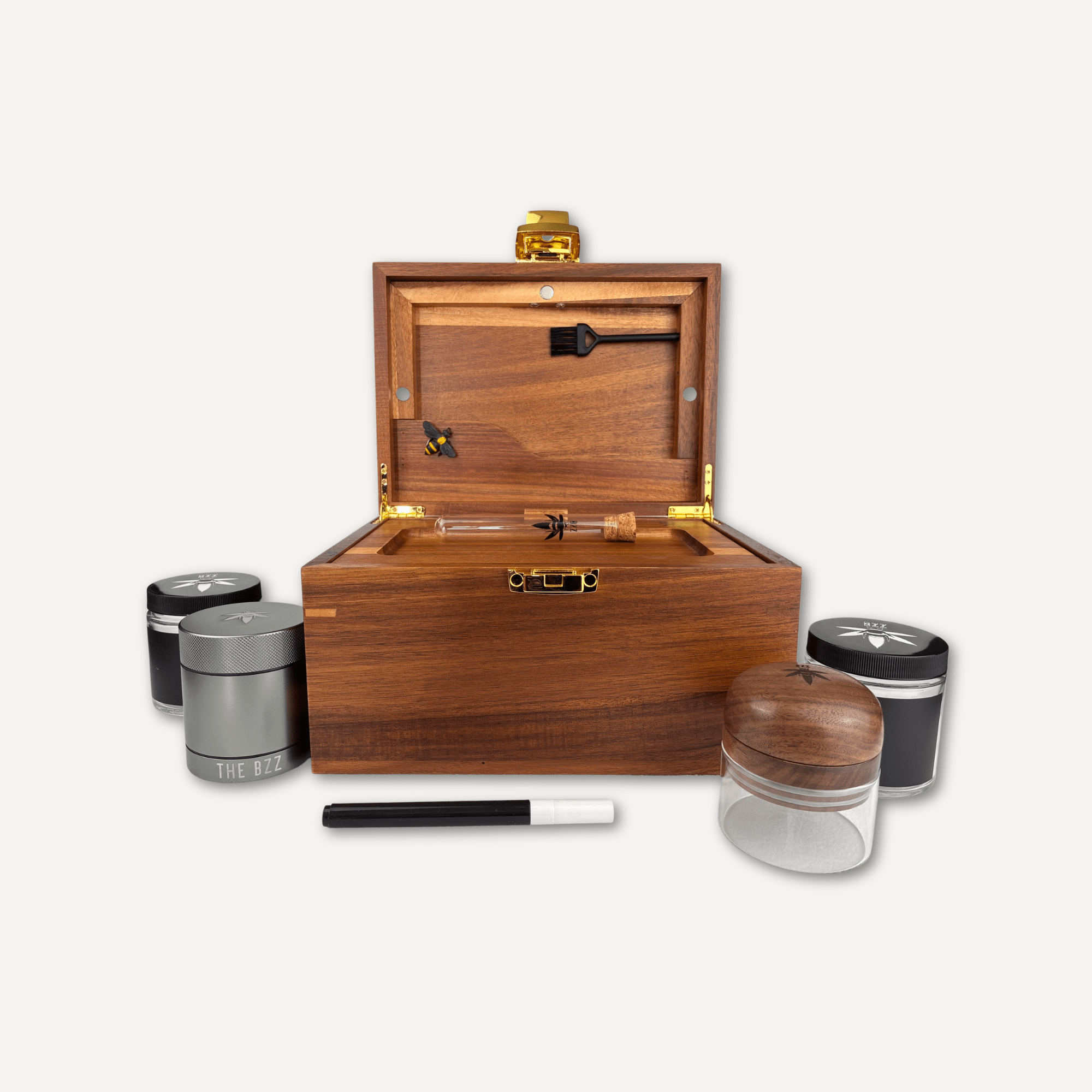 Dark Wood BzzBox + Bzz Grinder + Gun Metal Stash Jar - Save $25 - Bzz Box