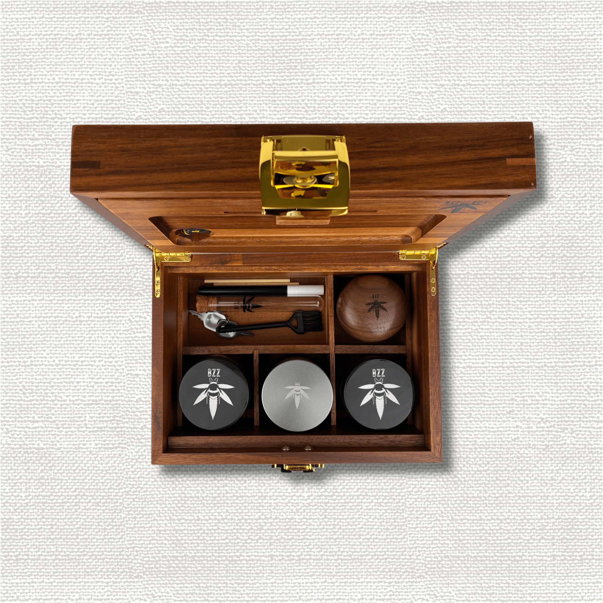 Dark Wood BzzBox + Bzz Grinder + Gun Metal Stash Jar - Save $25 - Bzz Box