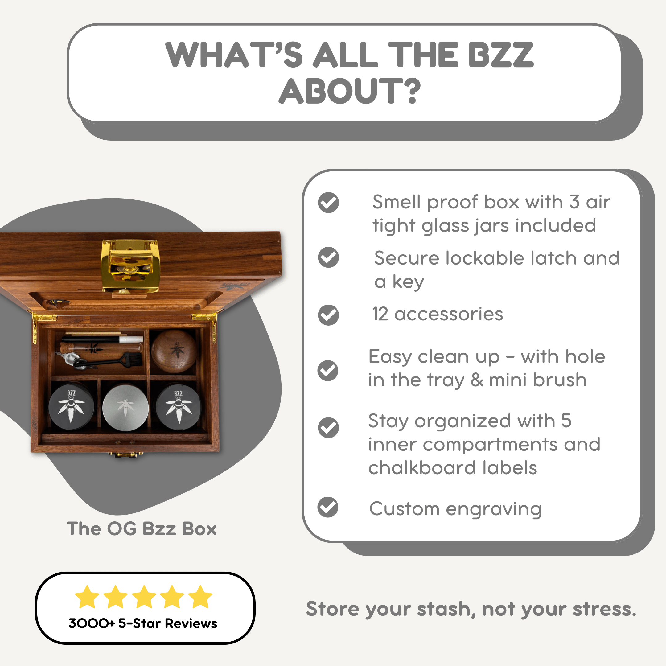 Dark Wood BzzBox + Bzz Grinder + Gun Metal Stash Jar infographic - Save $25 - Bzz Box