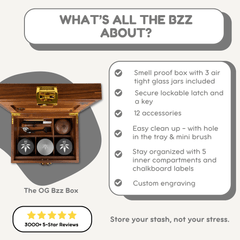 Dark Wood BzzBox + Bzz Grinder + Gun Metal Stash Jar infographic - Save $25 - Bzz Box