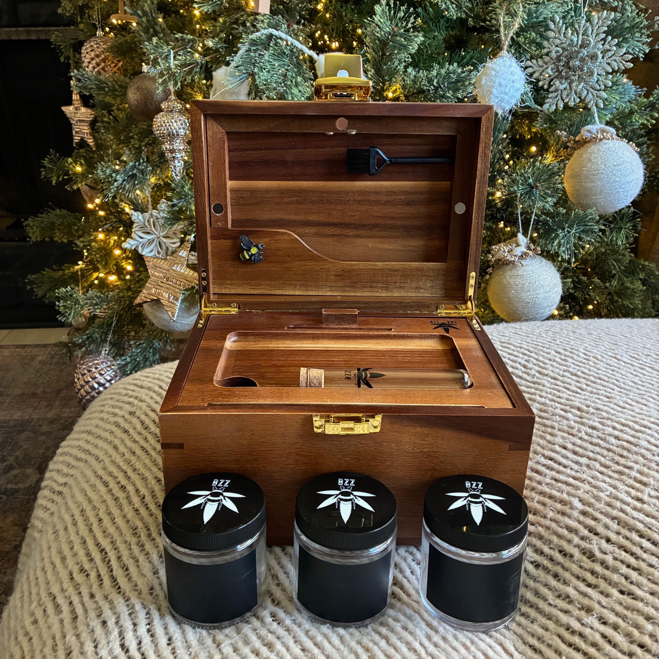 OG Dark Wood Bzz Box Stash Box | Smoking Accessories | Smell Proof Lock Box | Boxes & Bins |Storage & Organization | Bzz Box | Lock Box | Home & Living | smoking  Gift Idea | Stash Box l Rolling Tray l Three Stash Jars l 2 Pokers l Mini Brush l Chalk Marker and Glass Stash Tube