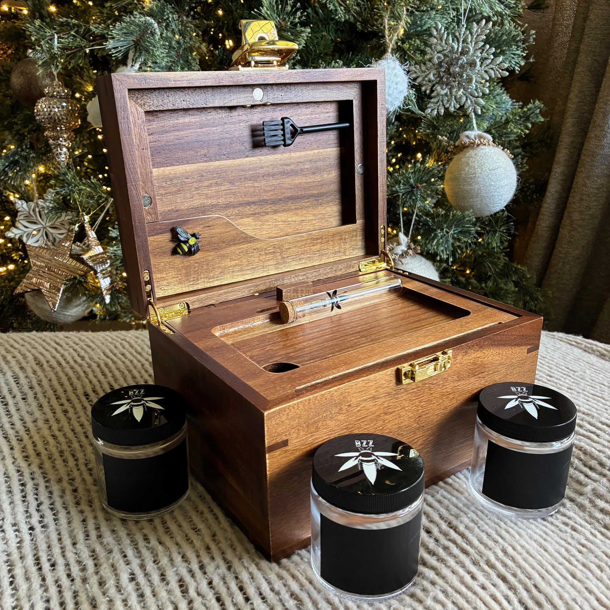 OG Dark Wood Bzz Box Stash Box | Smoking Accessories | Smell Proof Lock Box | Boxes & Bins |Storage & Organization | Bzz Box | Lock Box | Home & Living | smoking  Gift Idea | Stash Box l Rolling Tray l Three Stash Jars l 2 Pokers l Mini Brush l Chalk Marker and Glass Stash Tube