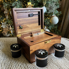 OG Dark Wood Bzz Box Stash Box | Smoking Accessories | Smell Proof Lock Box | Boxes & Bins |Storage & Organization | Bzz Box | Lock Box | Home & Living | smoking  Gift Idea | Stash Box l Rolling Tray l Three Stash Jars l 2 Pokers l Mini Brush l Chalk Marker and Glass Stash Tube