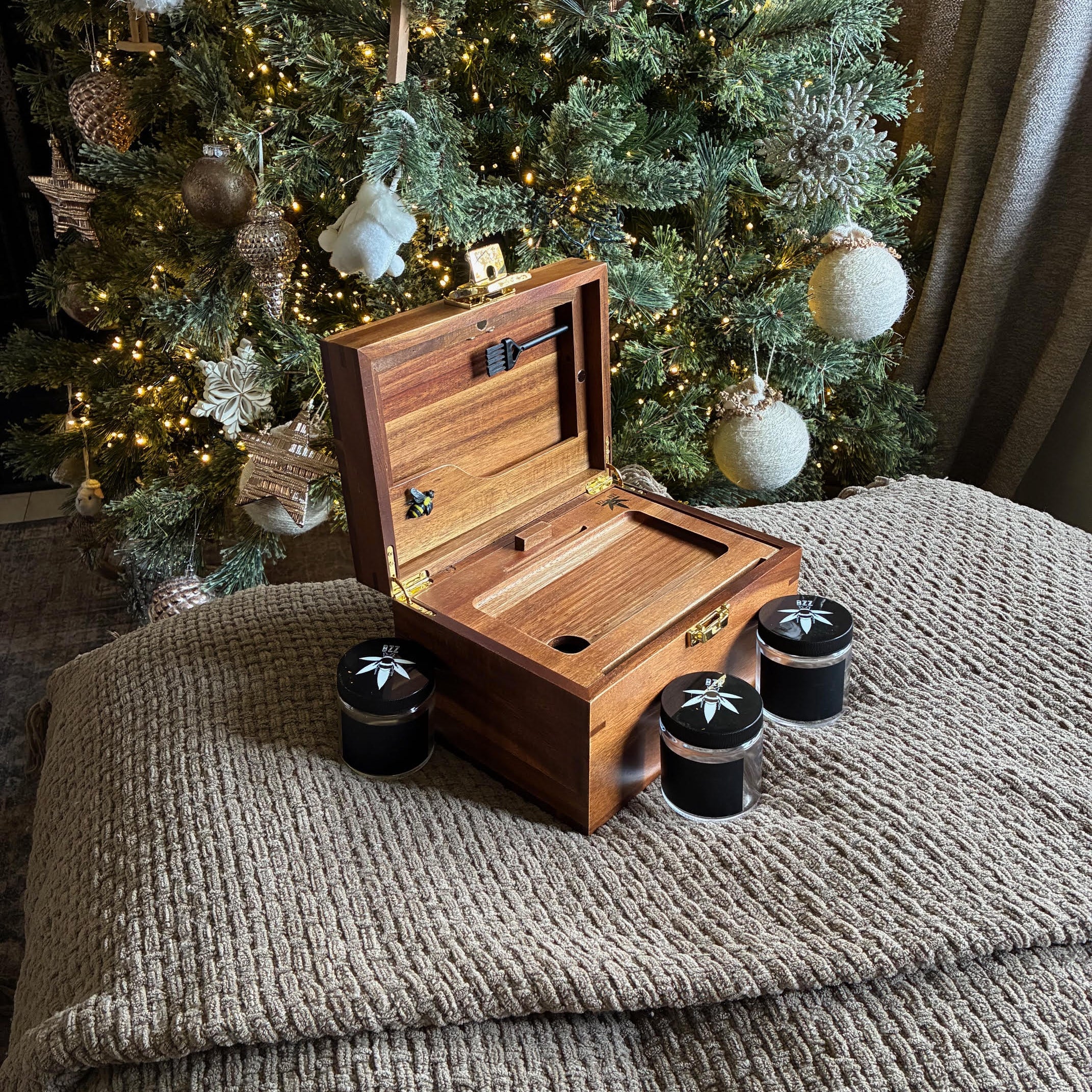 OG Dark Wood Bzz Box Stash Box | Smoking Accessories | Smell Proof Lock Box | Boxes & Bins |Storage & Organization | Bzz Box | Lock Box | Home & Living | smoking  Gift Idea | Stash Box l Rolling Tray l Three Stash Jars l 2 Pokers l Mini Brush l Chalk Marker and Glass Stash Tube