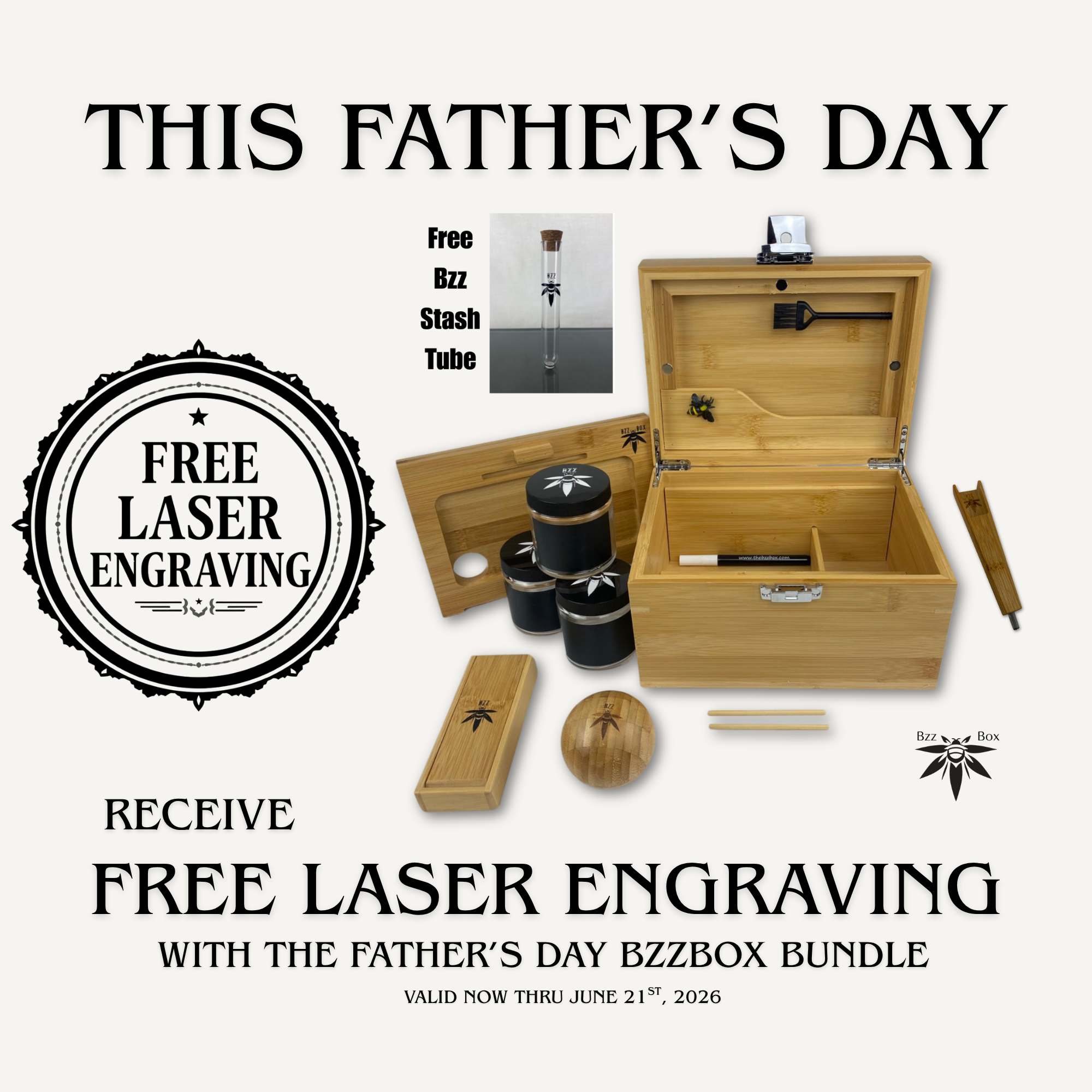 Father's Day promotion for a bamboo box set with free laser engraving offer.