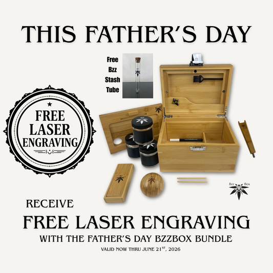 Father's Day promotion for a bamboo box set with free laser engraving offer.