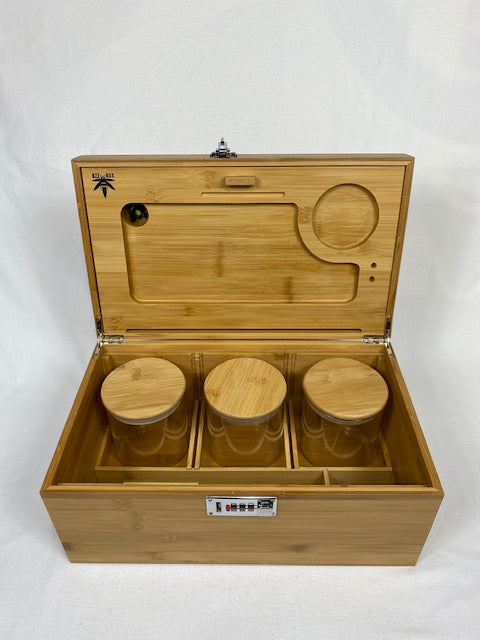 Our extra large stash jars showcased in their compartments in our extra large Bzz Box.